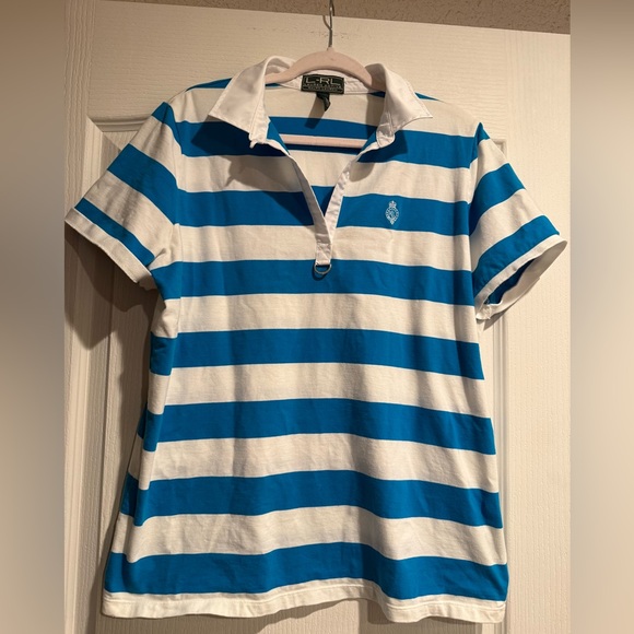 Lauren Active Ralph Lauren Blue Striped Polo Short Sleeve Shirt Womens 1X - Picture 1 of 6